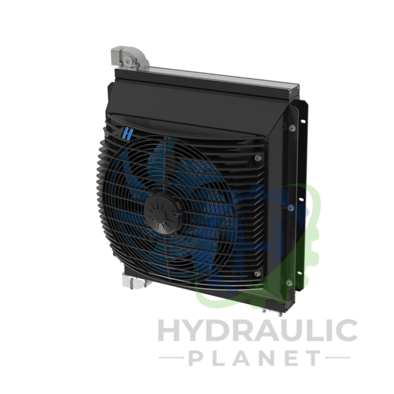 hydraulicplanet The ASA OIL / AIR COOLER TT 25 DC with 1.1/4" rail connector (up to 300 L/min) is shown mounted vertically, featuring a black protective fan grille and a partially visible "Hydraulic Planet" logo at the bottom against a white background.