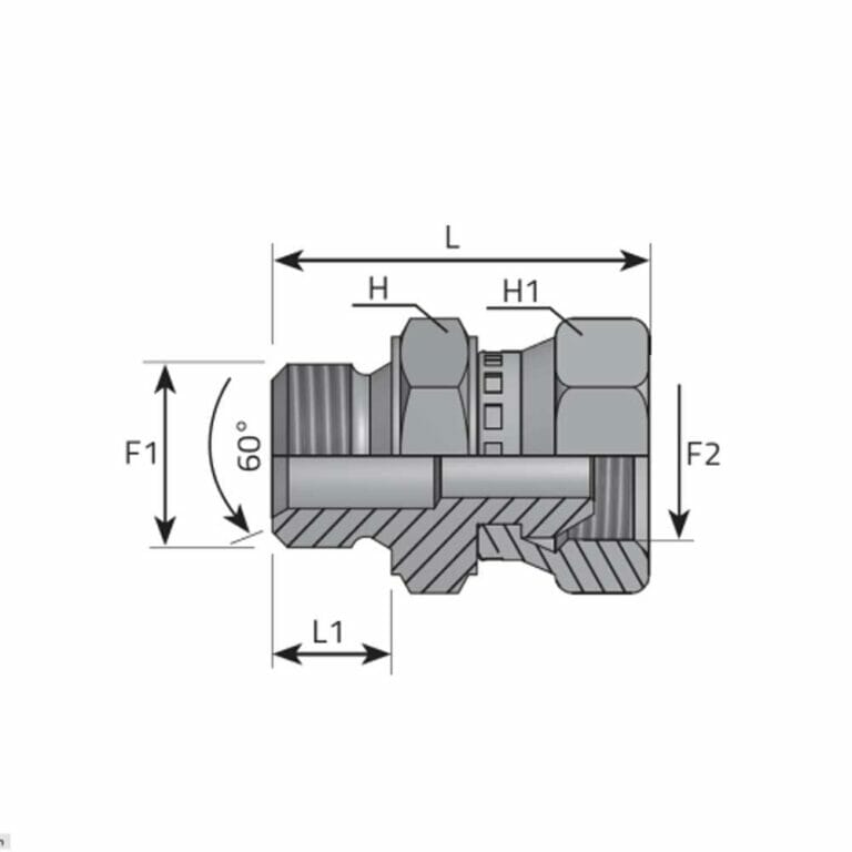 hydraulicplanet Technical drawing of the REDUCING ADAPTOR MALE BSPP - SWIVEL FEMALE BSPP with labelled dimensions L, H, H1, F1, F2, L1, and a 60° angle shown in the cross-sectional view.