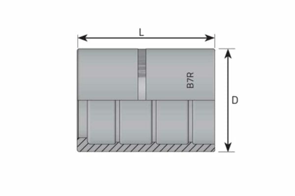 hydraulicplanet Technical drawing of a NON SKIVE FERRULE FOR R7, cylindrical in shape, sectioned and labelled with dimensions "L" (length) and "D" (diameter), marked "R7" on the side, resembling a hydraulic ferrule used in precision engineering.