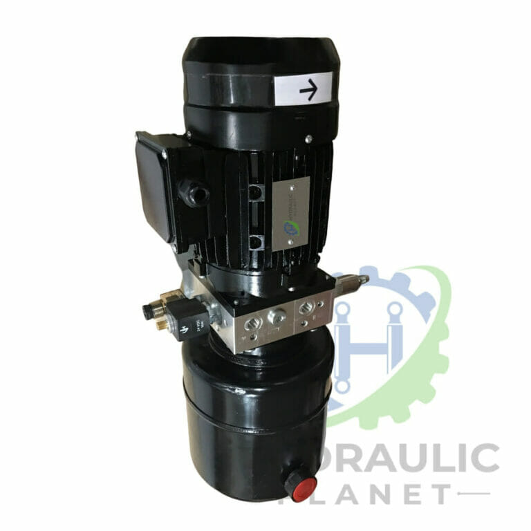 hydraulicplanet The 380V DOCK LEVELLER POWER PACK is a black hydraulic unit with a fluid reservoir and electric motor, pictured on a white background with part of the Hydraulic Planet logo—perfect for dock leveller applications.
