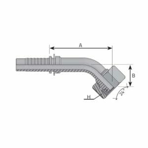 hydraulicplanet Technical drawing of the METRIC FEMALE 24° CONE - 45° ELBOW - L TYPE (LIGHT) hose fitting, featuring labelled dimensions A, B, and H with a metric female 24° cone at a 45° elbow angle.