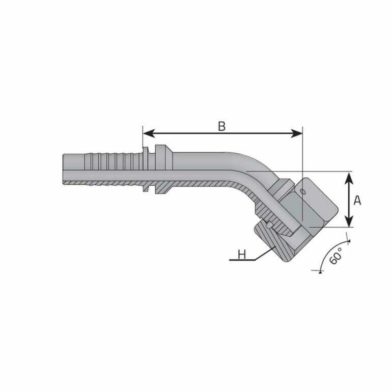 hydraulicplanet Technical drawing of a BSPP FEMALE - 45° ELBOW (THRUST-WIRE NUT) hydraulic hose fitting with labelled dimensions A, B, and H.