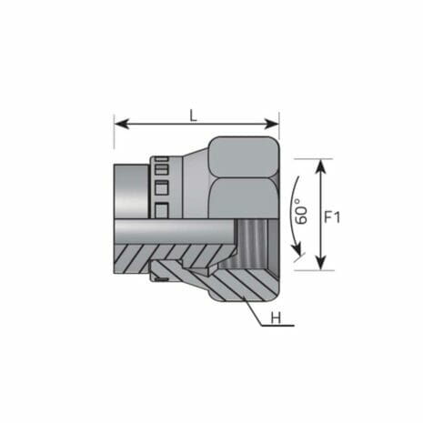 hydraulicplanet Technical diagram of SWIVEL FEMALE CAP BSPP connector, showing side cross-section with labelled dimensions L, F1, H, BSPP thread details, and a 60° angle marked.