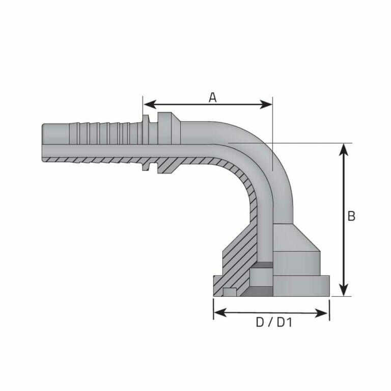 hydraulicplanet Technical drawing of the FLANGE CODE 61 - 3000 PSI - 90° ELBOW, displaying labelled dimensions A, B, and D/D1 with internal and external structure.