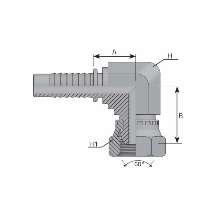 hydraulicplanet Technical diagram of the BSPP FEMALE - 90° ELBOW (COMPACT FORGED), showing BSPP female ends, labelled dimensions A, B, H, and H1, with a 60° angle marked at the joint.