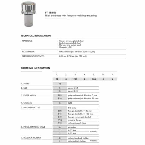 FILLER BREATHER WITH FLANGE FT SERIES-2 hydraulicplanet Chart and diagram present technical specs, material details, and ordering info for the FILLER BREATHER WITH FLANGE FT SERIES—ideal for applications needing reliable filler breather solutions.