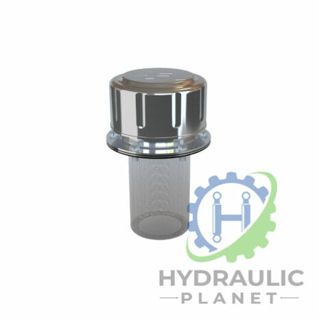 hydraulicplanet FILLER BREATHER WITH FLANGE FT SERIES is displayed with a mesh filter and flange on a white background. The Hydraulic Planet logo appears in the lower right-hand corner.
