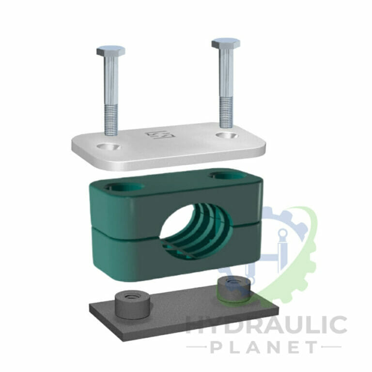 hydraulicplanet Exploded view of HEAVY DUTY HOSE CLAMPS - SINGLE BLOCK, showing two bolts, top plate, single two-part clamp with hole, and base plate with cylindrical mounts.