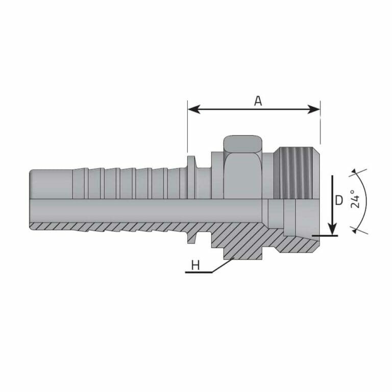 hydraulicplanet Technical drawing of a hose fitting with labelled dimensions A, D, and H, and a 24-degree angle indicated on the right side.