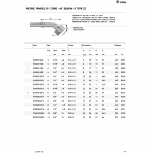 hydraulicplanet Table of specifications for METRIC FEMALE 24° CONE - 45° ELBOW - S TYPE (HEAVY), showing dimensions, hose and thread sizes, pressure ratings, plus a technical diagram at the top left.