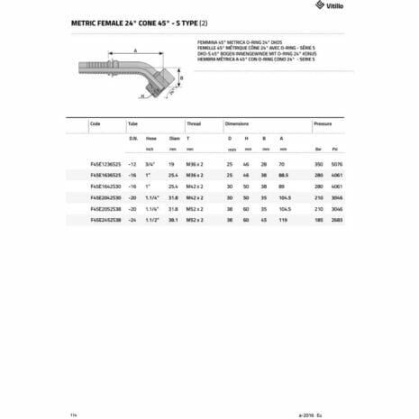 METRIC FEMALE 24° CONE - 45° ELBOW - S TYPE (HEAVY)-3 hydraulicplanet Table displays specifications and a technical diagram of the METRIC FEMALE 24° CONE - 45° ELBOW - S TYPE (HEAVY) hydraulic fitting, featuring a 45° elbow shown in the upper left-hand corner.