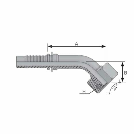 hydraulicplanet Technical drawing of a METRIC FEMALE 24° CONE - 45° ELBOW - S TYPE (HEAVY) hydraulic hose fitting, featuring labelled dimensions A, B, and H.