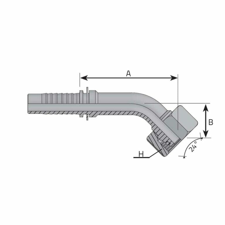 hydraulicplanet Technical drawing of a METRIC FEMALE 24° CONE - 45° ELBOW - S TYPE (HEAVY) hydraulic hose fitting, featuring labelled dimensions A, B, and H.