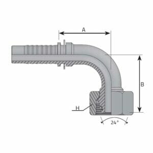 hydraulicplanet Technical drawing of a METRIC FEMALE 24° CONE - 90° ELBOW - L TYPE (LIGHT), showing labelled dimensions A, B, and H, with a 24° angle annotation.
