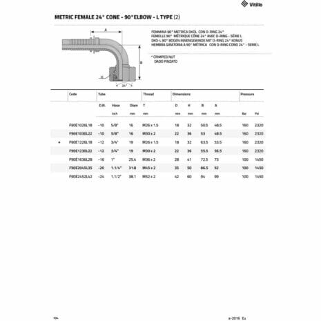 METRIC FEMALE 24° CONE - 90° ELBOW - L TYPE (LIGHT)-3 hydraulicplanet Technical diagram and table displaying dimensions, thread sizes, and pressure ratings for the METRIC FEMALE 24° CONE - 90° ELBOW - L TYPE (LIGHT) hydraulic fitting.