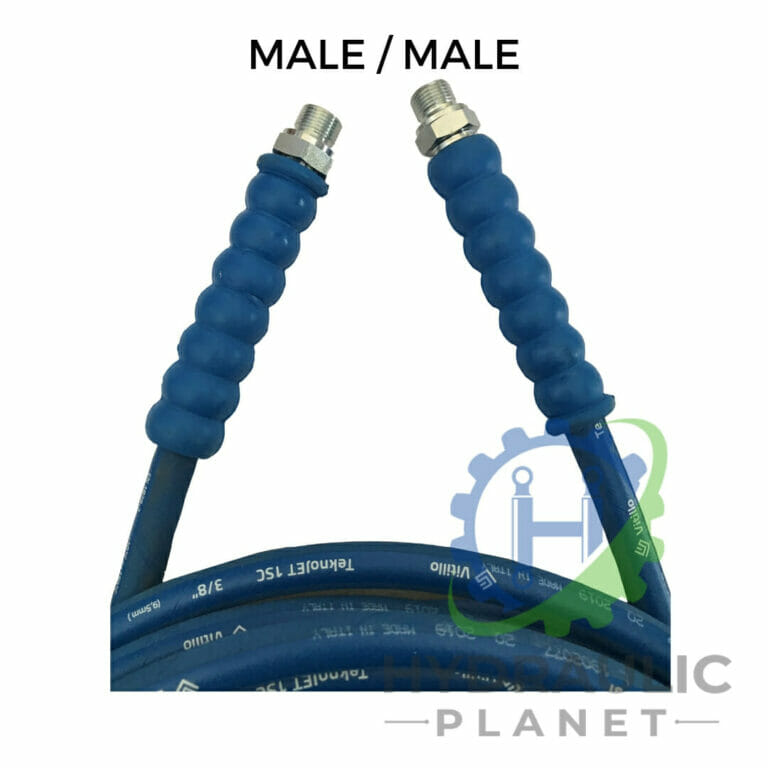 hydraulicplanet Two coiled 3/8" 1 Wire Blue Pressure Washer Hose Assemblies with BSP male fittings are labelled "MALE / MALE" at the top, with a faint Hydraulic Planet logo in the background.