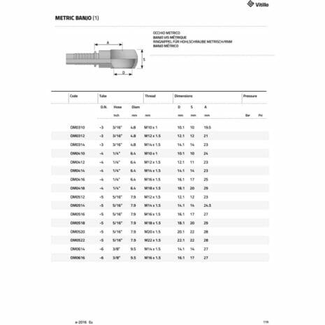 METRIC BANJO-2 hydraulicplanet Table showing METRIC BANJO specifications—code, hose size, diameter, thread size, dimensions, pressure ratings for each banjo bolt—with a product diagram above.