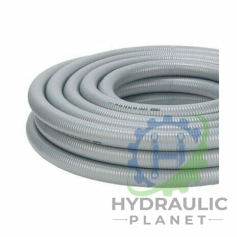 SUPERLASTIC HELIFLEX MEDIUM DUTY SUCTION HOSE-2 hydraulicplanet Coiled grey SUPERLASTIC HELIFLEX MEDIUM DUTY SUCTION HOSE made from corrugated plastic, with the Hydraulic Planet logo partially visible in the bottom right corner.