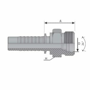hydraulicplanet Technical drawing of the METRIC MALE 24° CONE - L TYPE (LIGHT) metal hose fitting with a threaded end, cross-section view, and labelled dimensions A, D, H, plus a 24° angle.