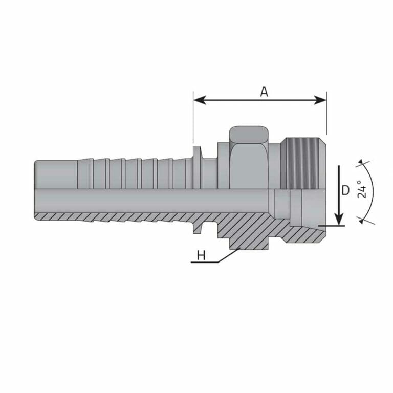 hydraulicplanet Technical drawing of the METRIC MALE 24° CONE - L TYPE (LIGHT) metal hose fitting with a threaded end, cross-section view, and labelled dimensions A, D, H, plus a 24° angle.