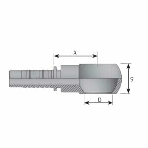 hydraulicplanet Technical drawing of the METRIC BANJO fitting with section view, showing dimensions labelled A, D, and S. The fitting has a threaded end and a smooth, rounded cap.