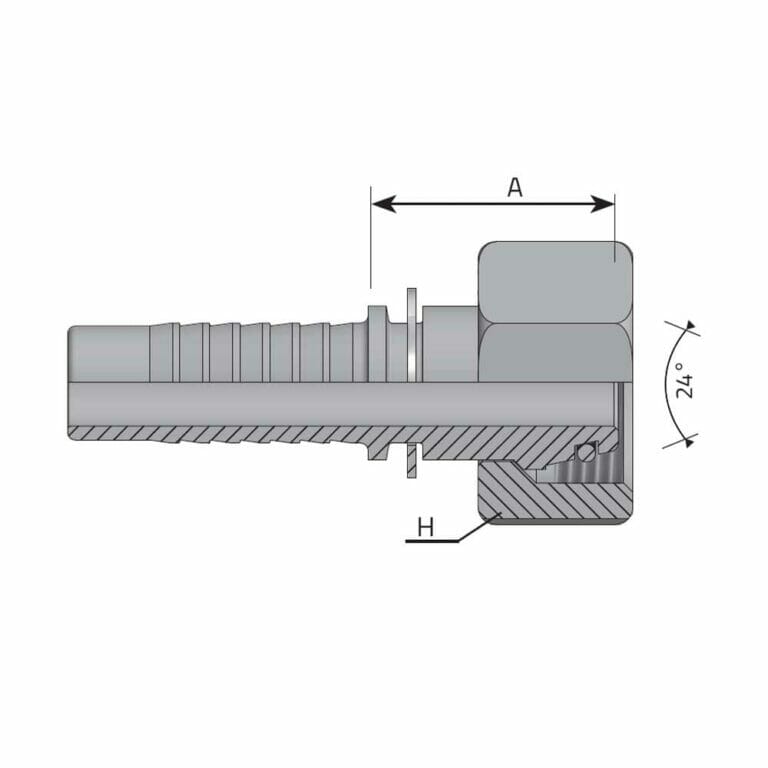 hydraulicplanet Cross-sectional technical drawing of the METRIC FEMALE 24° CONE - S TYPE (HEAVY) hose fitting, showing its internal structure, labelled dimensions A and H, and the 24° angle.
