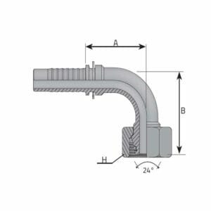 hydraulicplanet Technical drawing of the METRIC FEMALE 24° CONE - 90° ELBOW - S TYPE (HEAVY) hydraulic fitting, with labelled dimensions: A (length), B (height), H (width), and a 24° cone at the bend.
