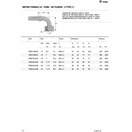 METRIC FEMALE 24° CONE - 90° ELBOW - S TYPE (HEAVY)-3 hydraulicplanet Technical datasheet page showing a diagram of the METRIC FEMALE 24° CONE - 90° ELBOW - S TYPE (HEAVY), plus a table listing dimensions, code numbers, and pressure ratings for different sizes.