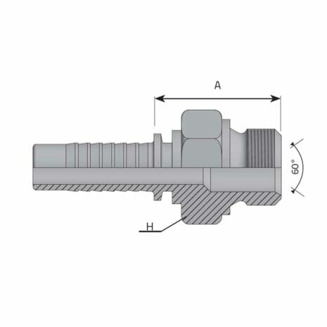 hydraulicplanet Technical drawing of the BSPP MALE - 60° CONE hydraulic hose fitting in cross-section, showing labelled dimensions A and H, with a 60° cone angle indicated.