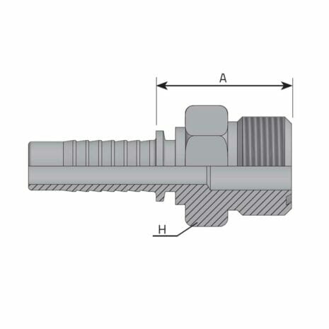 hydraulicplanet Technical drawing of an ORFS MALE hose fitting featuring a barbed end, hex nut, and threaded section; dimensions A (length) and H (height) are labelled on the diagram.