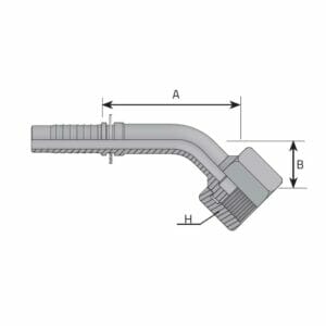 hydraulicplanet Technical line drawing of the ORFS FEMALE SWIVEL- 45° ELBOW hose fitting, showing three labelled dimensions: A (length), B (height), and H (hex width). Features an ORFS female swivel connection.