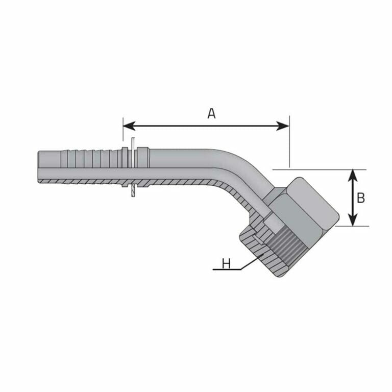 hydraulicplanet Technical line drawing of the ORFS FEMALE SWIVEL- 45° ELBOW hose fitting, showing three labelled dimensions: A (length), B (height), and H (hex width). Features an ORFS female swivel connection.