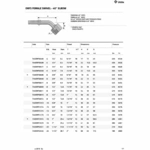 hydraulicplanet Table with specifications for ORFS FEMALE SWIVEL-45° ELBOW fittings, showing code, hose size, thread, dimensions, and pressure ratings. A technical diagram of the 45° elbow appears at the top.