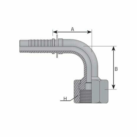 hydraulicplanet Technical drawing of an ORFS FEMALE SWIVEL 90° ELBOW hydraulic hose fitting, showing dimensions A, B, and H with labelled internal and external features.