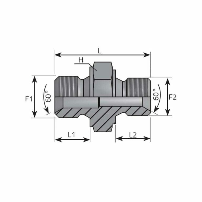 hydraulicplanet Technical drawing of REDUCING ADAPTOR MALE BSPP - MALE BSPP in cross-section, showing labelled dimensions L, H, L1, L2, F1, F2, and 60° angles on both sides.