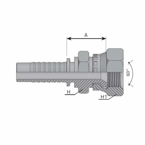 hydraulicplanet Technical drawing of the TOYOTA STYLE FEMALE STRAIGHT hose fitting, showing labelled dimensions A, H, and H1; features a 60° angle on one end and a ribbed hose connection with a Female Straight interface on the other.
