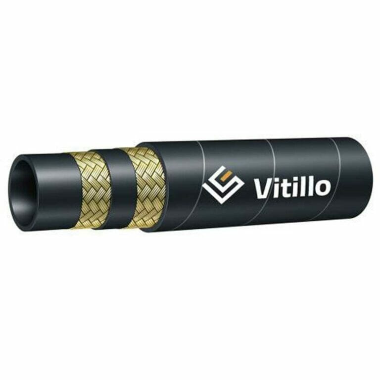 hydraulicplanet The VITILLO BRAIDED HYDRAULIC HOSE 2 WIRE 2SC features braided reinforcement layers and a black outer cover printed with the Vitillo logo.