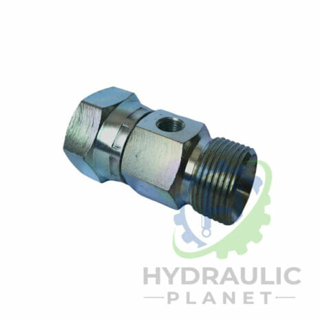 hydraulicplanet The BSP INLINE TEST POINT TEE ADAPTOR is a metal hydraulic fitting with hexagonal ends and a central threaded port, displayed on a white background featuring the Hydraulic Planet logo in the corner.