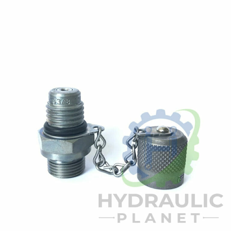 hydraulicplanet TEST POINT hydraulic quick release coupling with protective cap attached by a chain, shown on a white background with the Hydraulic Planet logo.