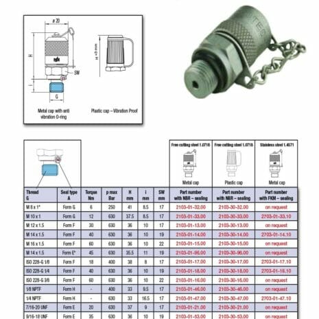 TEST POINT-3 hydraulicplanet A technical data sheet featuring the TEST POINT metal connector with protective cap and chain, specifications table, product features, and ordering information for Minimess® 1620 test points.