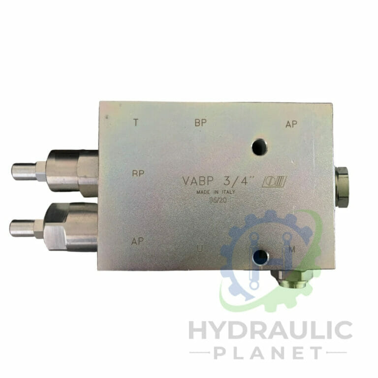 hydraulicplanet The 3/4" TWO PUMP "HI-LOW" UNLOADING VALVE features multiple ports and connectors, is rectangular, labelled "VABP 3/4," and is positioned above the Hydraulic Planet logo.