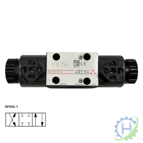 ATOS SDHL-0710,0711,0713,0714 12/24DC DOUBLE SOLENOID VALVE- CETOP 3-2 hydraulicplanet ATOS SDHL-0710/0711/0713/0714 12/24DC CETOP 3 double solenoid valve with two black solenoid coils; spool diagram shown below.
