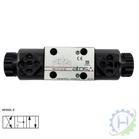 ATOS SDHL-0710,0711,0713,0714 12/24DC DOUBLE SOLENOID VALVE- CETOP 3-3 hydraulicplanet The ATOS SDHL-0710, 0711, 0713, 0714 12/24DC double solenoid valve (CETOP 3) features black end caps and ports, schematic symbol, labelled diagram, and manufacturer branding.