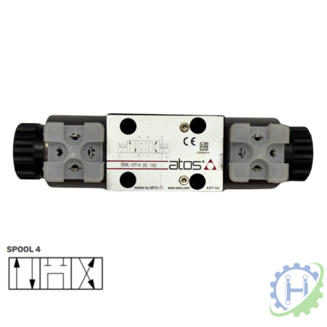 ATOS SDHL-0710,0711,0713,0714 12/24DC DOUBLE SOLENOID VALVE- CETOP 3-4 hydraulicplanet The ATOS SDHL-0710/0711/0713/0714 12/24DC double solenoid valve is a CETOP 3 compliant hydraulic directional control valve with spool 4 configuration, two black end caps labelled "atos.