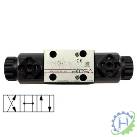 hydraulicplanet An ATOS SDHL-0710,0711,0713,0714 12/24DC double solenoid valve in black and silver with labelled ports is shown mounted on a CETOP 3 base; a schematic below illustrates its internal flow paths.