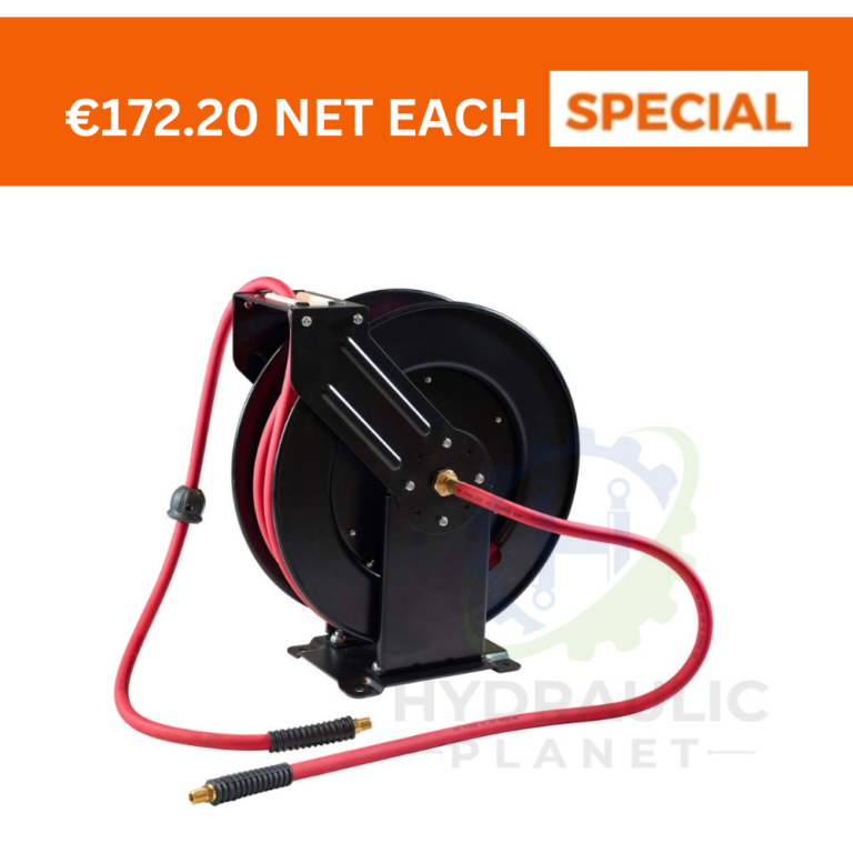 hydraulicplanet RETRACTABLE AIR HOSE REEL 15M X 3/8" with red air hose and brass fittings, shown on a white background. An orange banner above displays "€172.20 NET EACH SPECIAL.