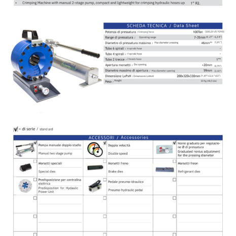 O100P2 MANUAL HYDRAULIC HOSE CRIMPER-2 Data Sheet for O100P2 Crimping Machine: Specifications, features, and details of the compact and versatile hydraulic crimper. Includes information on crimping force, operating range, crimping capacity, dimensions, and weight.