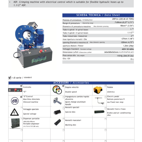 O180E HYDRAULIC HOSE CRIMPER-2 hydraulicplanet The O180E HYDRAULIC HOSE CRIMPER features a control panel, power unit, and multiple dies, shown with its technical data and list of accessories.
