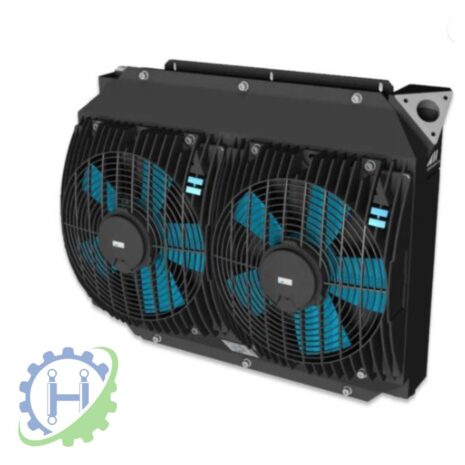hydraulicplanet The ASA 0367 12VDC 1½" Cooler Puller/Sucker is a black dual-fan unit with a metal frame, blue blades, visible mounting brackets, and features a gear and "H" logo in the bottom left corner.