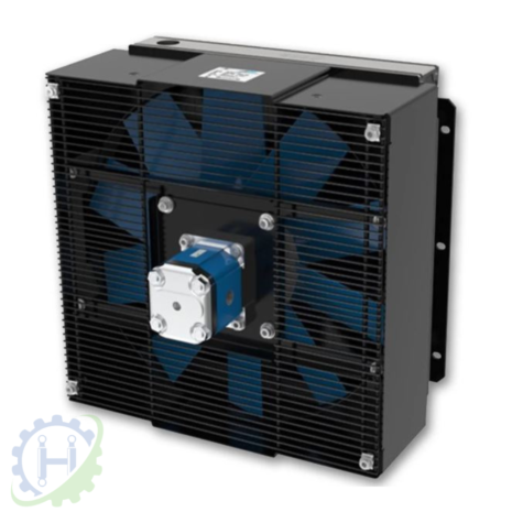 hydraulicplanet The TT 16 RAIL11CM³ HYDROMOTOR - HYDRAULICALLY DRIVEN OIL COOLER features a black industrial design with a protective grille and blue hydromotor at the centre, set against a white background with a faded gear logo in the lower left corner.